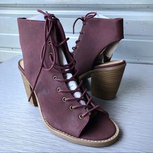 TOPLINE Burgundy Caytay Heeled Laced Boots 7